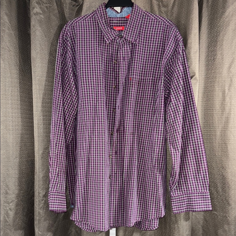 Izod Purple Casual Button Down Shirt Gingham Pattern